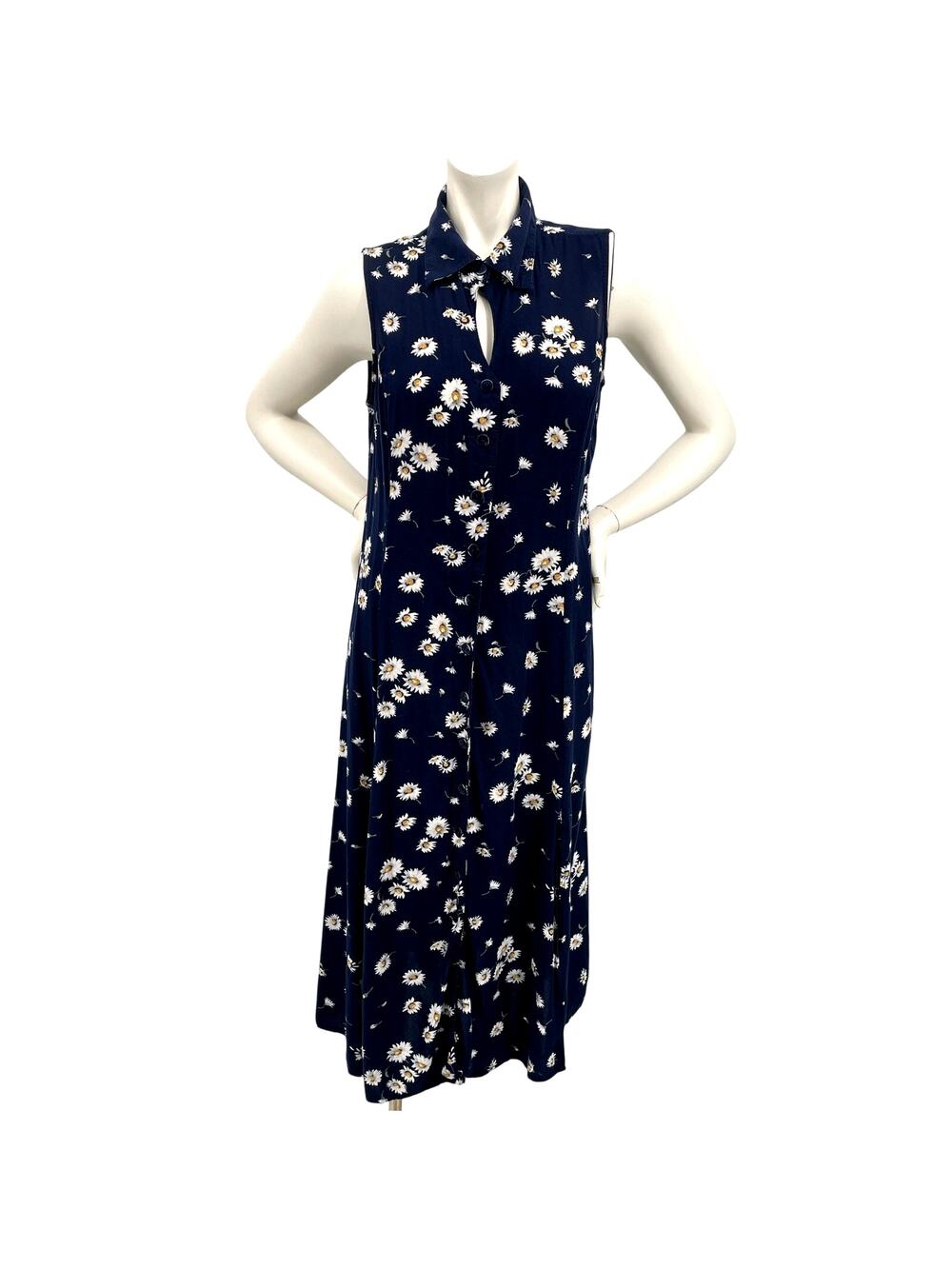Christopher & Banks Womens Vtg Navy Midi Dress Daisy Button Front Sleeveless S